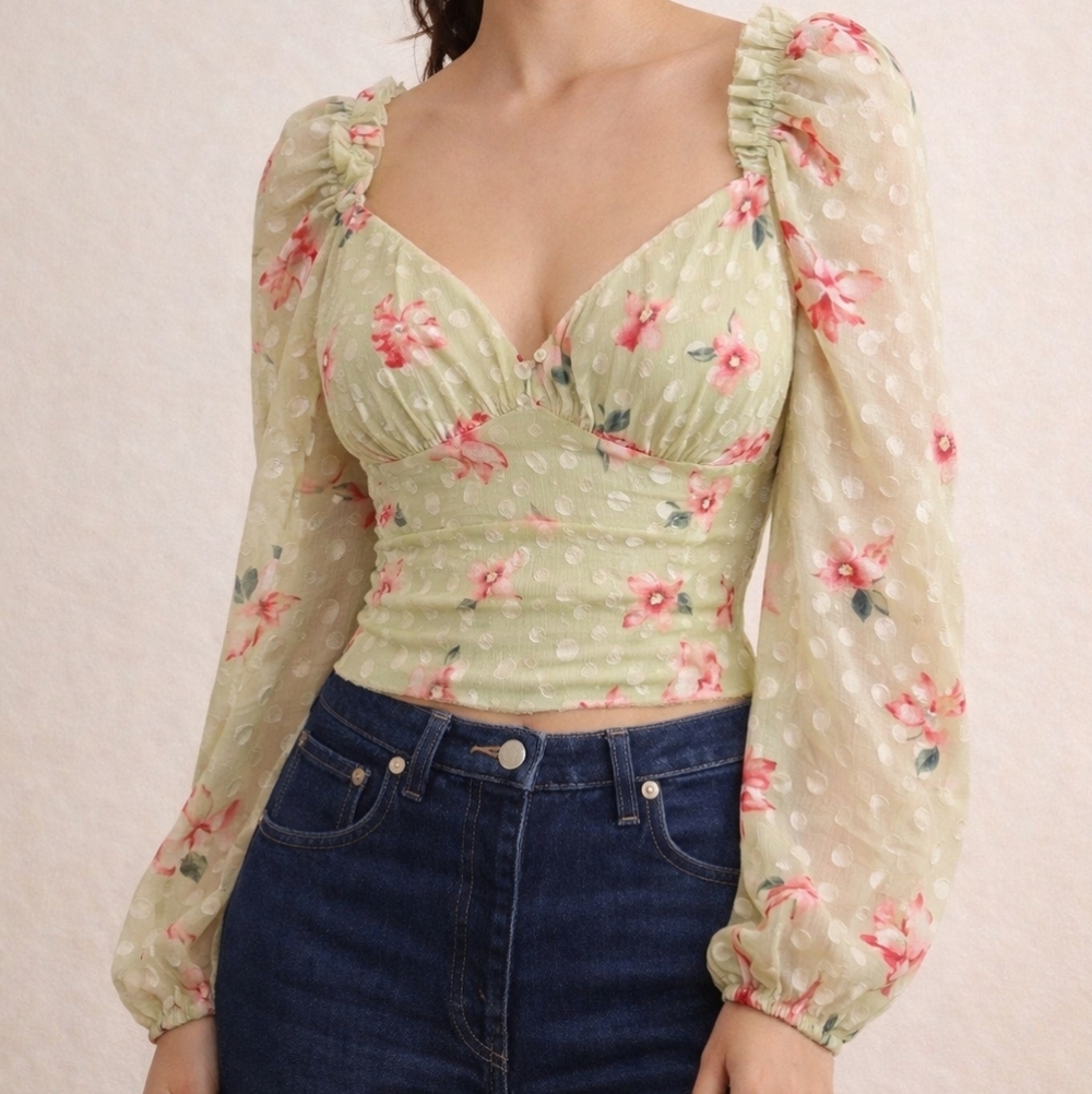 Vintage Green and Pink Floral Blouse